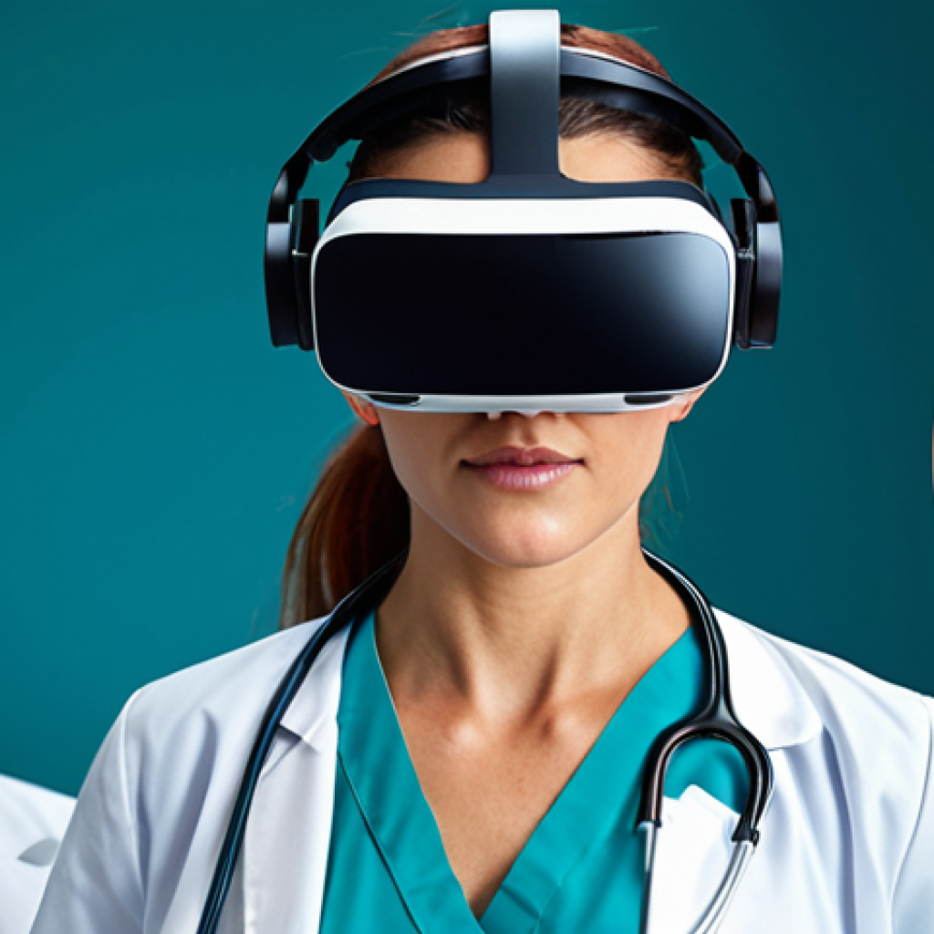 **

A diverse team of medical professionals (doctor, nurse, therapist) wearing VR headsets, participating in a virtual reality simulation of a complex surgical procedure. The VR environment displays a realistic 3D model of the human heart. Focus on the collaborative aspect and the advanced technology.

**