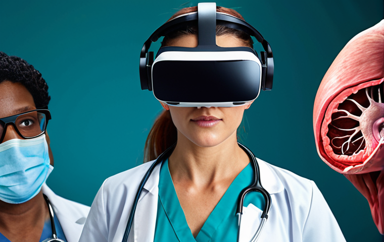 **
A diverse team of medical professionals (doctor, nurse, therapist) wearing VR headsets, participating in a virtual reality simulation of a complex surgical procedure. The VR environment displays a realistic 3D model of the human heart. Focus on the collaborative aspect and the advanced technology.
**
