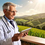 **

Prompt: "A modern doctor using a tablet to conduct a telehealth consultation with an elderly patient in a rural setting. Emphasis on the patient's positive and comfortable experience. Warm lighting, friendly atmosphere. Background showing rolling hills and countryside."

**