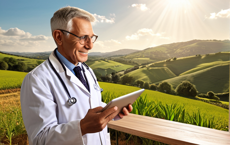 **
Prompt: "A modern doctor using a tablet to conduct a telehealth consultation with an elderly patient in a rural setting. Emphasis on the patient's positive and comfortable experience. Warm lighting, friendly atmosphere. Background showing rolling hills and countryside."
**