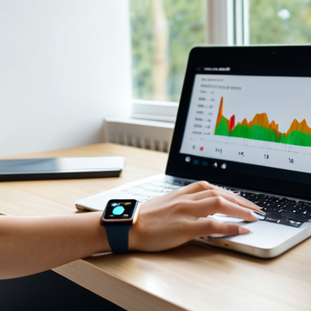 A focused professional woman, in her early 30s, wearing a modest, stylish smart casual outfit, is looking at her smartwatch. The watch face clearly displays abstract health data visualizations like graphs and heart rate readings. She is in a bright, modern living room with a large window and subtle, natural decor. The scene is captured with soft, diffused lighting and a shallow depth of field. perfect anatomy, correct proportions, natural pose, well-formed hands, proper finger count, natural body proportions, high quality, professional photography, fully clothed, modest clothing, appropriate attire, family-friendly, safe for work, appropriate content.