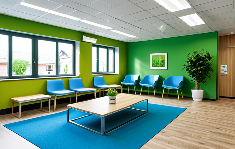 환자 경험 향상을 위한 디자인 혁신 - Modern Waiting Area**

"A brightly lit, modern waiting area in a German medical practice. Soft blue ...