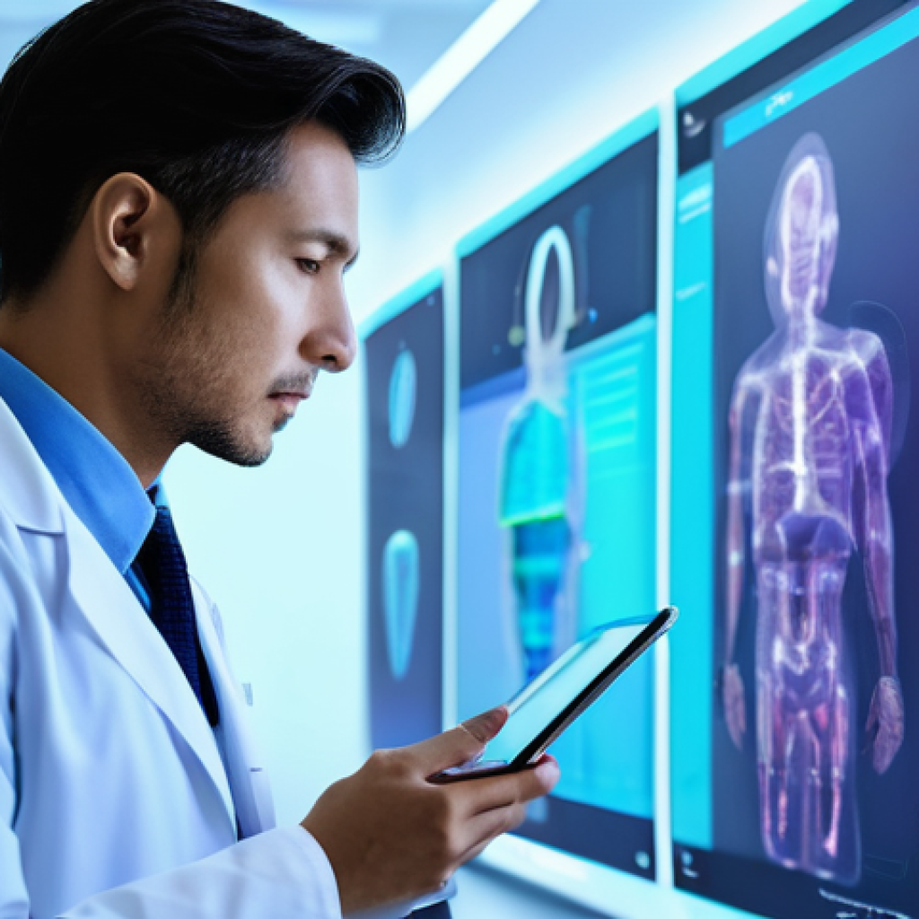 미래 의료의 트렌드와 혁신 - **AI in Medical Diagnostics for Early Detection**
    A futuristic, brightly lit medical examination...