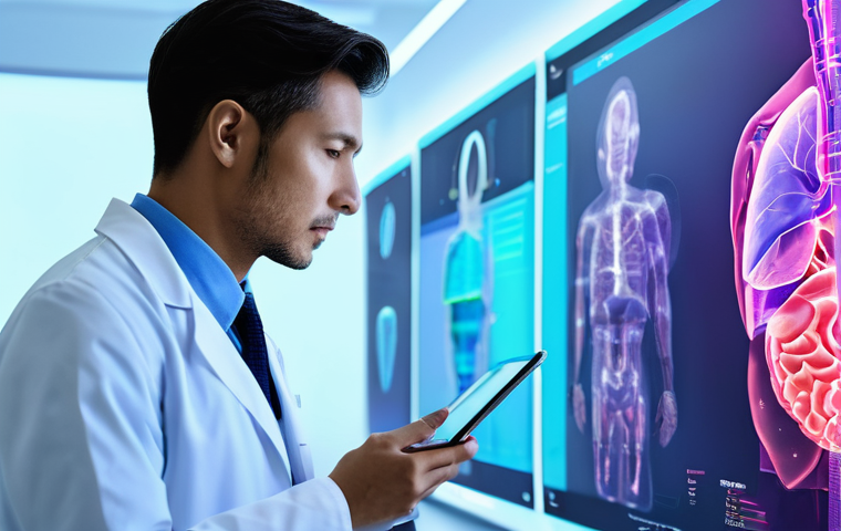 미래 의료의 트렌드와 혁신 - **AI in Medical Diagnostics for Early Detection**
    A futuristic, brightly lit medical examination...
