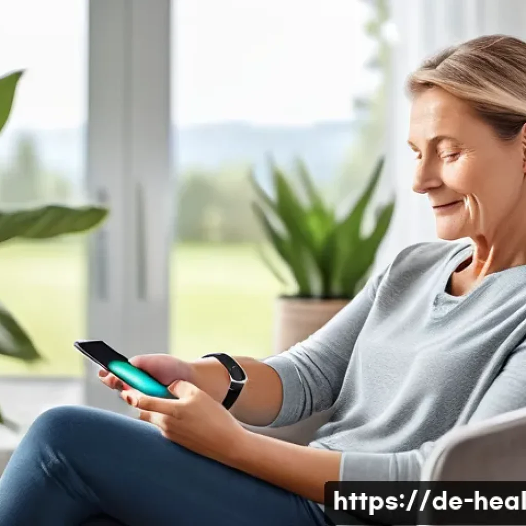 모바일 헬스케어의 현황과 전망 - A modern German living room scene featuring a middle-aged woman wearing a sleek smartwatch and a fit...