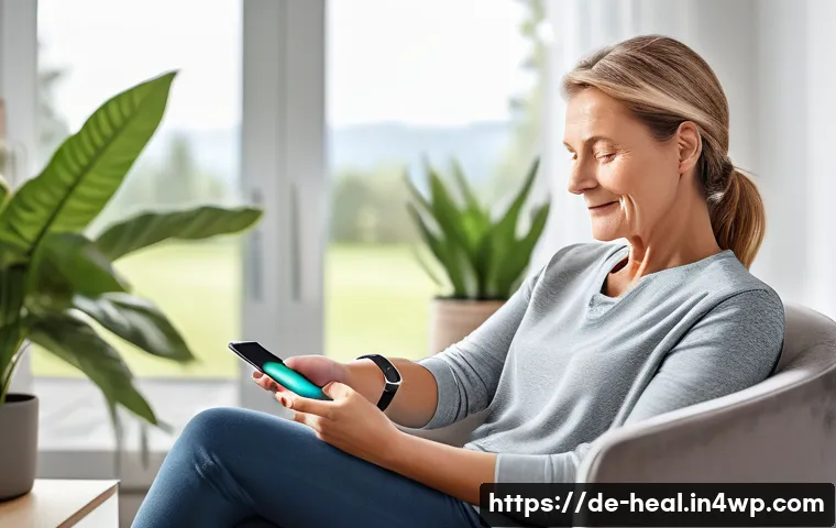 모바일 헬스케어의 현황과 전망 - A modern German living room scene featuring a middle-aged woman wearing a sleek smartwatch and a fit...