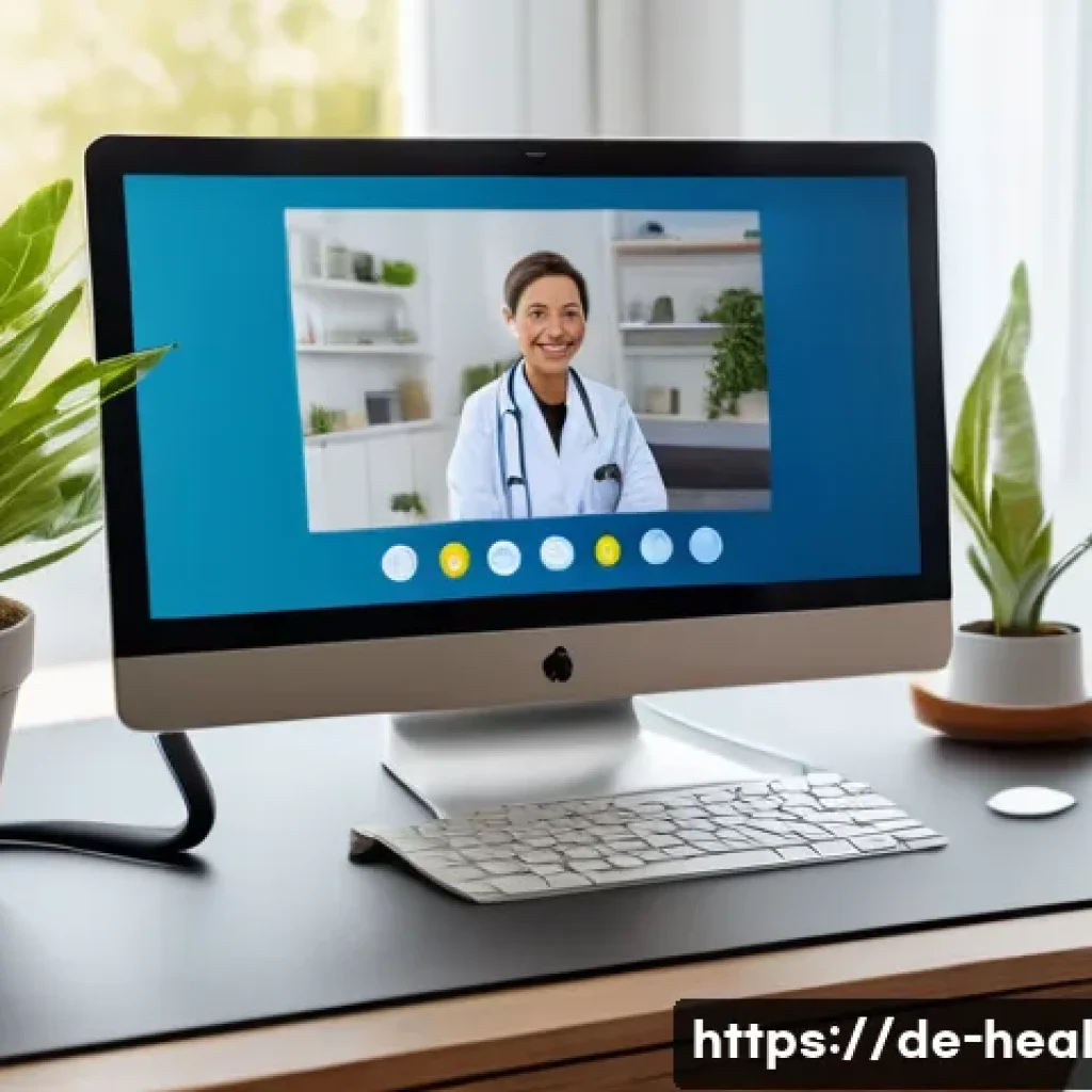 의료 시스템의 디지털 동향 - A modern telemedicine consultation scene showing a middle-aged German patient in casual home clothin...