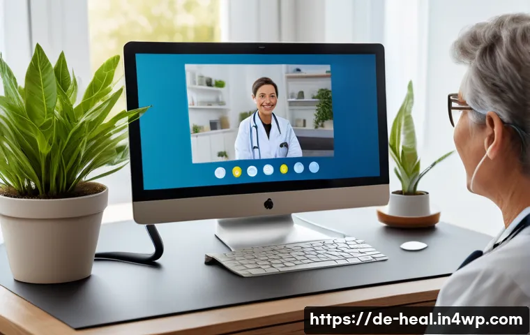 의료 시스템의 디지털 동향 - A modern telemedicine consultation scene showing a middle-aged German patient in casual home clothin...