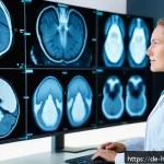조기 진단 기술의 발전 방향 - A modern radiology lab scene showing a female German radiologist in professional attire analyzing hi...