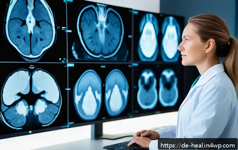 조기 진단 기술의 발전 방향 - A modern radiology lab scene showing a female German radiologist in professional attire analyzing hi...