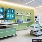 의료 분야의 지속 가능한 기술 발전 - A modern hospital imaging room featuring energy-efficient MRI and ultrasound machines with sleek dig...