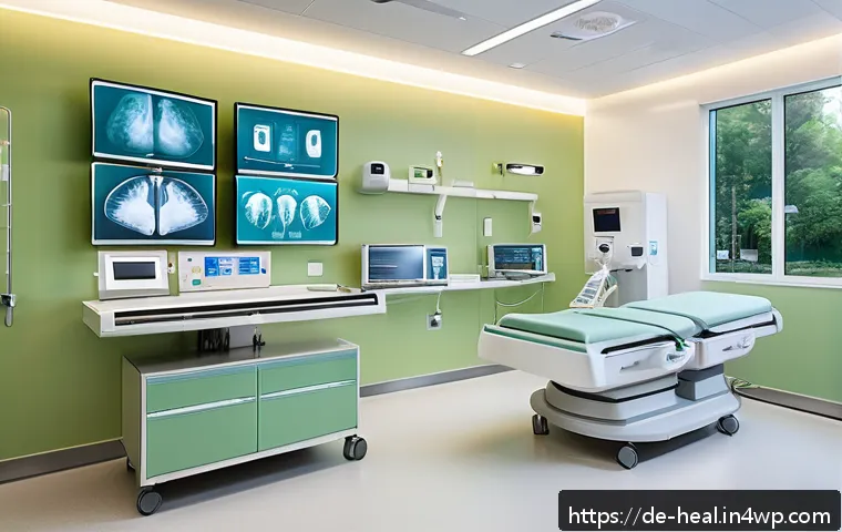 의료 분야의 지속 가능한 기술 발전 - A modern hospital imaging room featuring energy-efficient MRI and ultrasound machines with sleek dig...