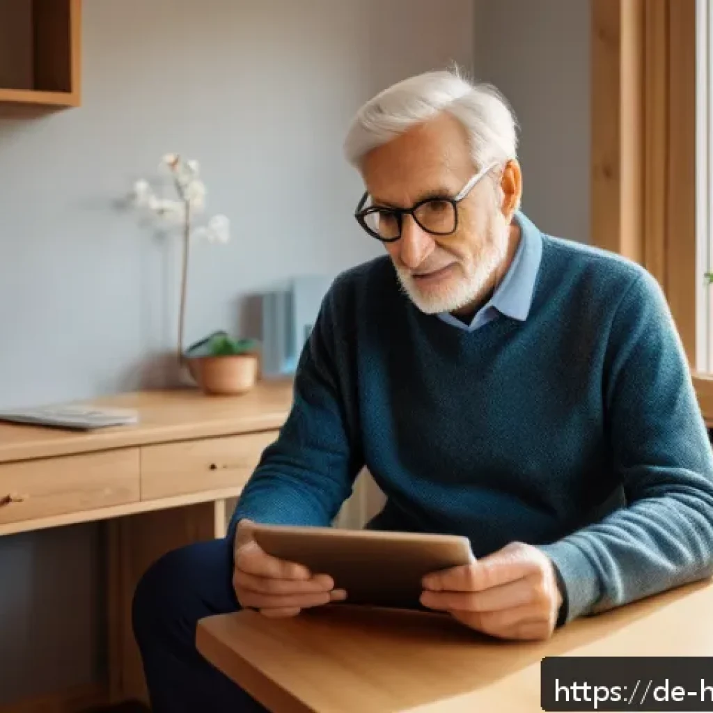 건강 관리의 디지털 전환 - A modern telemedicine consultation scene set in a cozy German rural home, featuring a middle-aged pa...