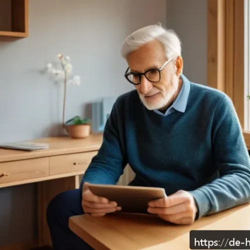 건강 관리의 디지털 전환 - A modern telemedicine consultation scene set in a cozy German rural home, featuring a middle-aged pa...