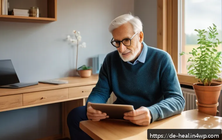 건강 관리의 디지털 전환 - A modern telemedicine consultation scene set in a cozy German rural home, featuring a middle-aged pa...