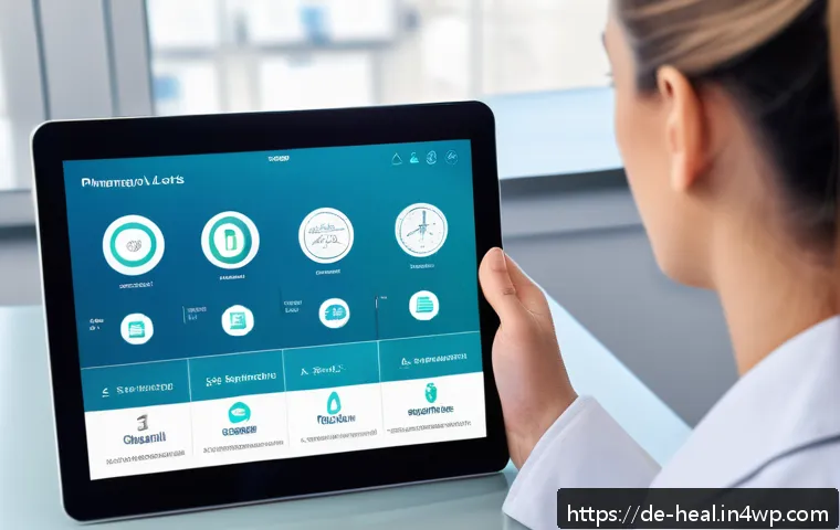 의료 시스템의 글로벌 혁신 사례 - A modern digital health platform interface displayed on a sleek tablet screen, showing real-time per...