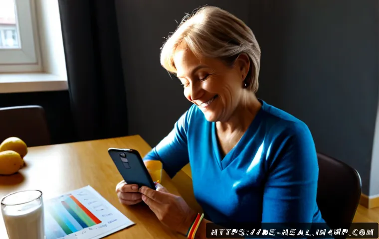 Home 17 모바일 건강 관리의 성공 사례 - Photorealistic success story of mobile health management, a cheerful German woman in her early 60s s...